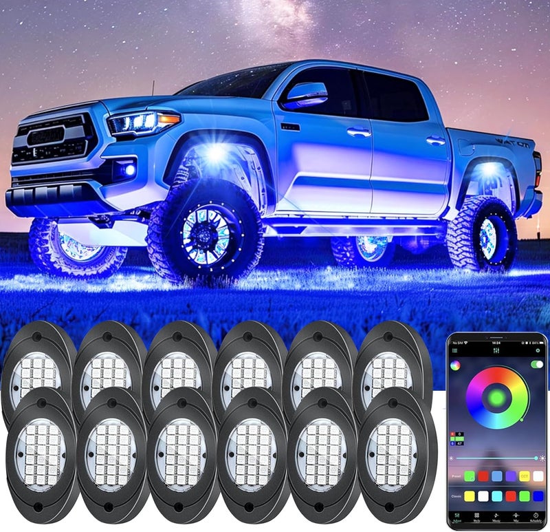 Fimker 12 Pods RGB LED Rock Lights, Underglow Multicolor Neon Light Kit Wheel Well Light with APP Control & Music Mode, Under Glow Lights for Trucks,Jeep,SUV,Golf Cart,ATV,Pickup Off Road,12 V - Image 1